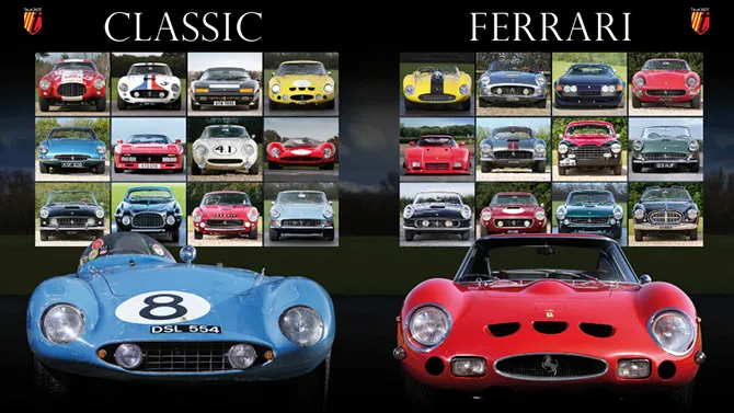 Classic Ferrari advert featuring 500 Mondial and 250 GTO