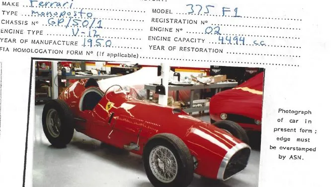 Old FIA papers for spectacular Ferrari 375 F1 we owned