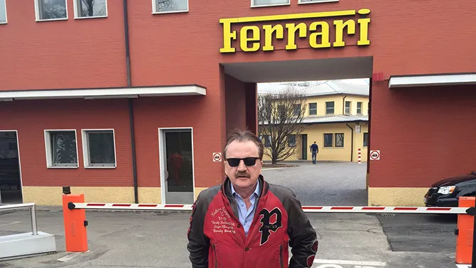 JC outside the Ferrari Factory gates in Maranello...